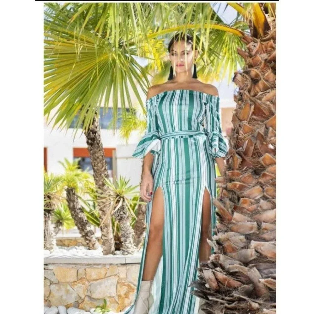 PL51458 Off The Shoulder Flare Sleeve Striped Maxi Dress - Picture 3 of 9